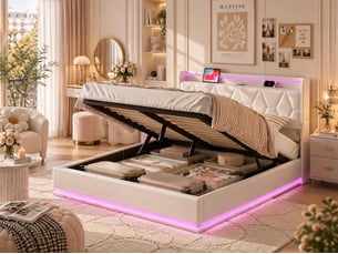 Lit coffre 140x200 cm avec tête de lit - leds - coloris blanc - sommier à lattes et espace de rangement