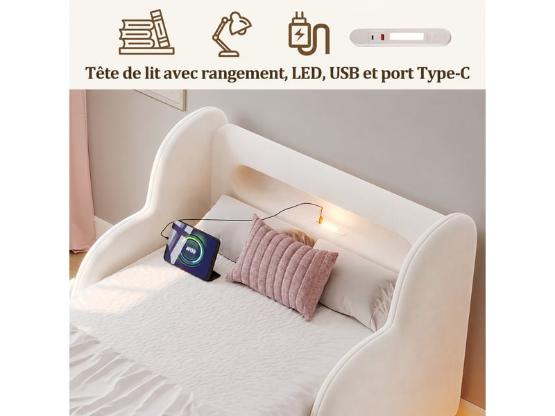 Lit enfant rembourré 90x200 cm - barrière de sécurité - veilleuse intégrée - port usb et type-c - velours beige - Conforama E