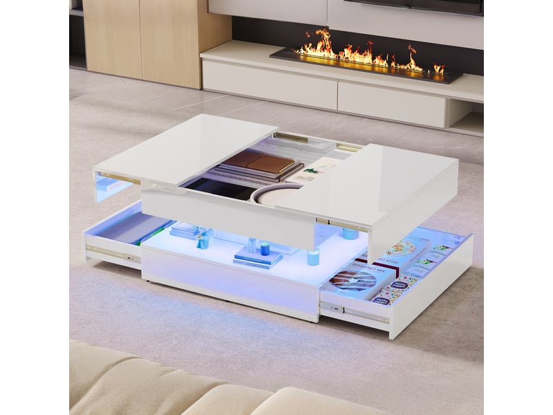 Table basse - 73x73x43cm - table carrée avec rangement, éclairage led rgb intelligent, surface brillante anti-rayures - blanc - Conforama C