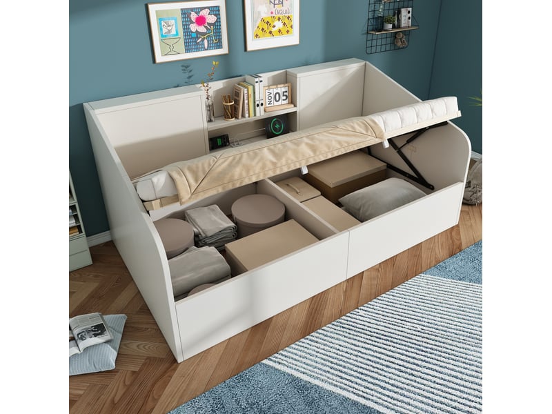 Lit gain de place 90x200 cm design minimaliste rangement grand volume, 2 niveaux arrière, bois, blanc sans matelas - Conforama W