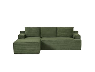 Canapé d'angle modulable 4 places en velours côtelé vert, 238 x 152 x 66 cm, méridienne gauche, sans montage, livré compressé, assise profonde