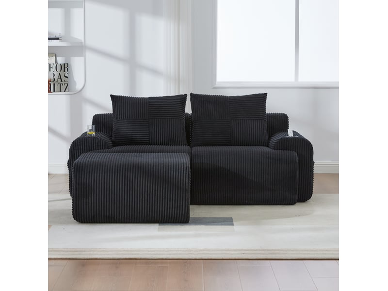  Canapé modulable 2 places 200x174x80 cm poche latérale porte-gobelet incorporé velours côtelé noir  - Conforama E
