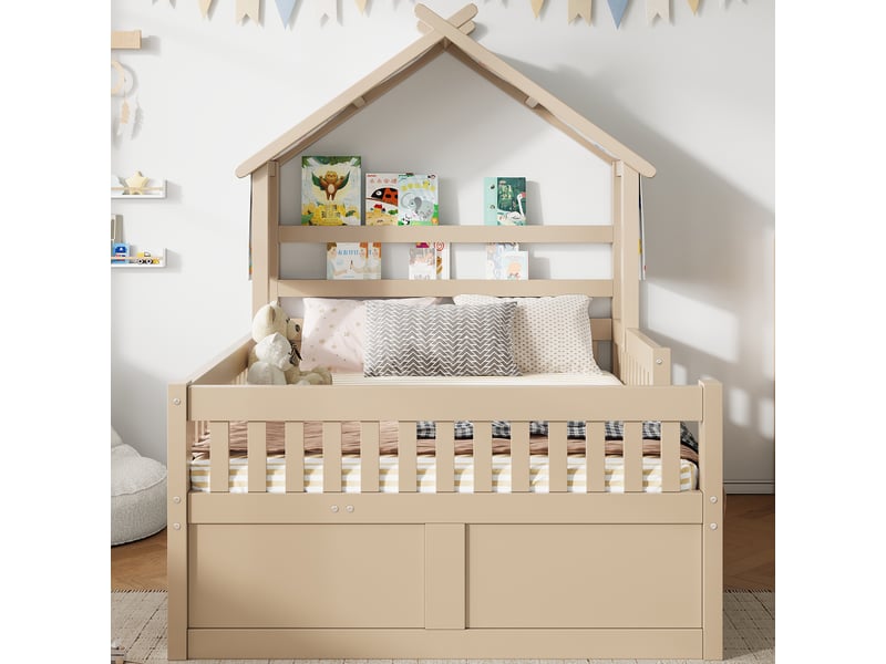  Lit maison 140x200 cm crème, avec lit tirant, 3 tiroirs, garde-corps, structure bois, sommier inclus, sans matelas  - Conforama R