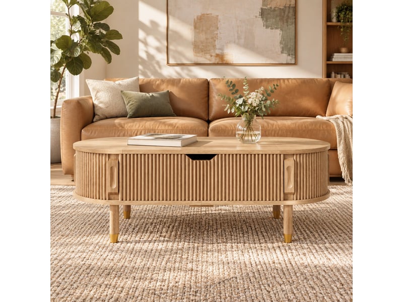  Table basse ovale avec plateau relevable hydraulique, rangement, portes coulissantes, mdf, pieds en bois d’hévéa  - Conforama B