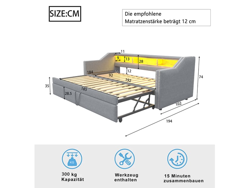  Sofa-lit capitonné 90 ou 180 x 190 cm, led et usb, coffre de rangement, sommier à lattes, coloris gris clair confort  - Conforama B