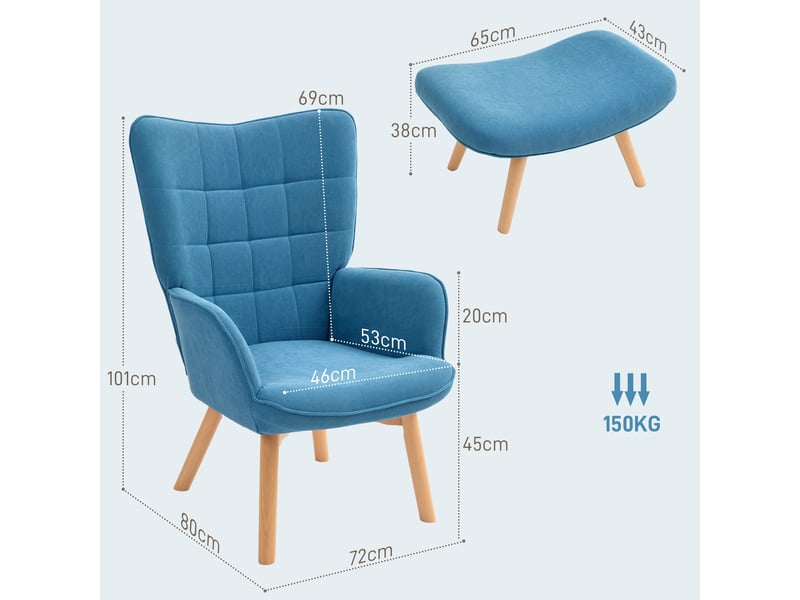  Fauteuil d'appoint avec repose-pieds, fauteuil inclinable aspect velours côtelé, fauteuil avec pieds en bois, pour salon, bleu  - Conforama E