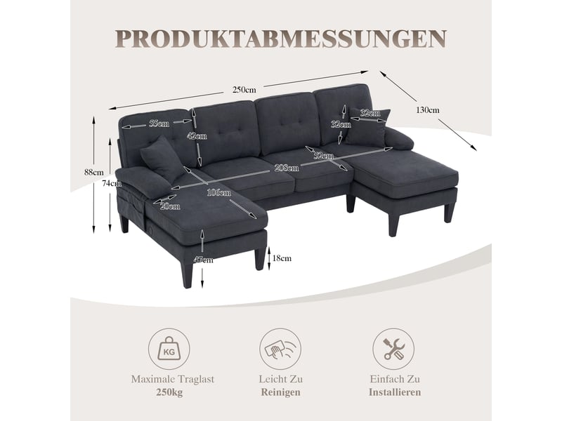  Canapé d’angle en tissu lin gris foncé, 4 places, 250 cm, panoramique, avec rangement W2845S00304 - Conforama E