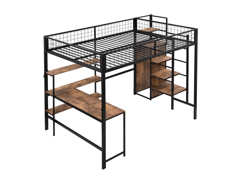  Lit mezzanine noir et marron 140x200cm avec rangement, échelle, sécurité renforcée, gain de place - fer et mdf - pour enfant ado  - Conforama D