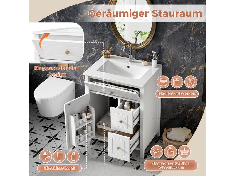  Meuble salle de bain sur pied 61 cm blanc brillant avec vasque céramique  - Conforama D