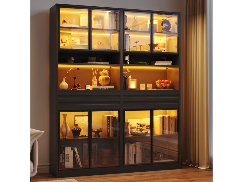 Lot de 2 vitrine avec porte et led - armoire de rangement - pour salon - bureau ou cuisine - 160x35x200cm - noir - Conforama E