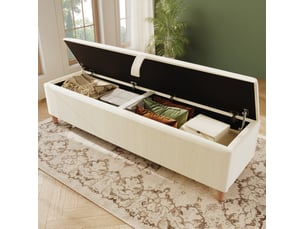 Banc coffre 175x38 cm avec rangement hydraulique, assise rembourrée, revêtement côtelé beige, pour chambre, salon