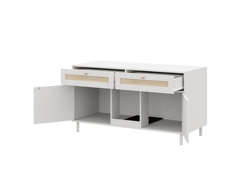  Meuble cache-litière blanc avec tiroir effet rotin, tapis de sortie et double espace fermé, 120x50x65 cm  - Conforama A