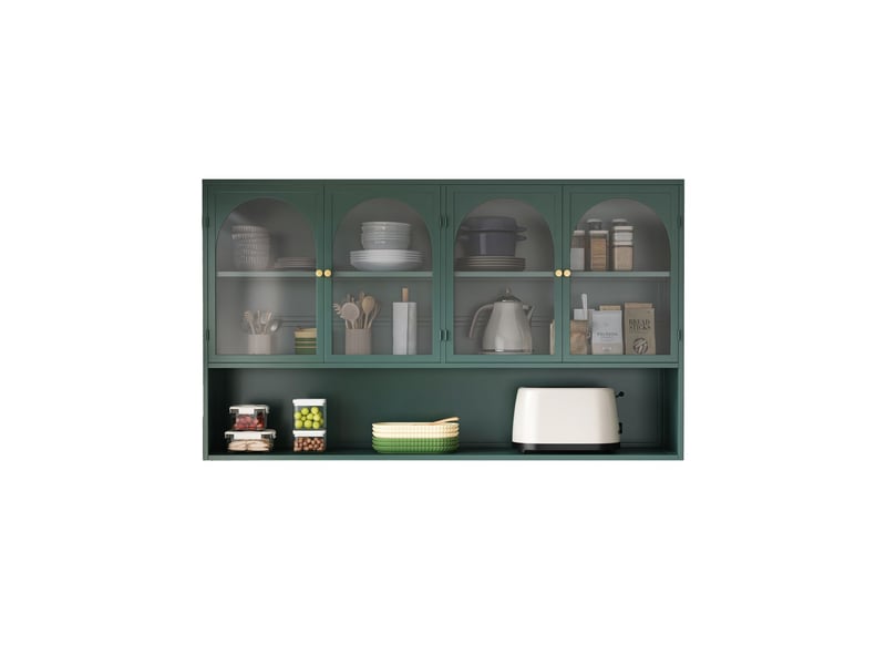  Vitrine 120 cm 120 cm meuble de rangement quatre portes fixation murale façades en verre gris finition vert foncé  - Conforama B