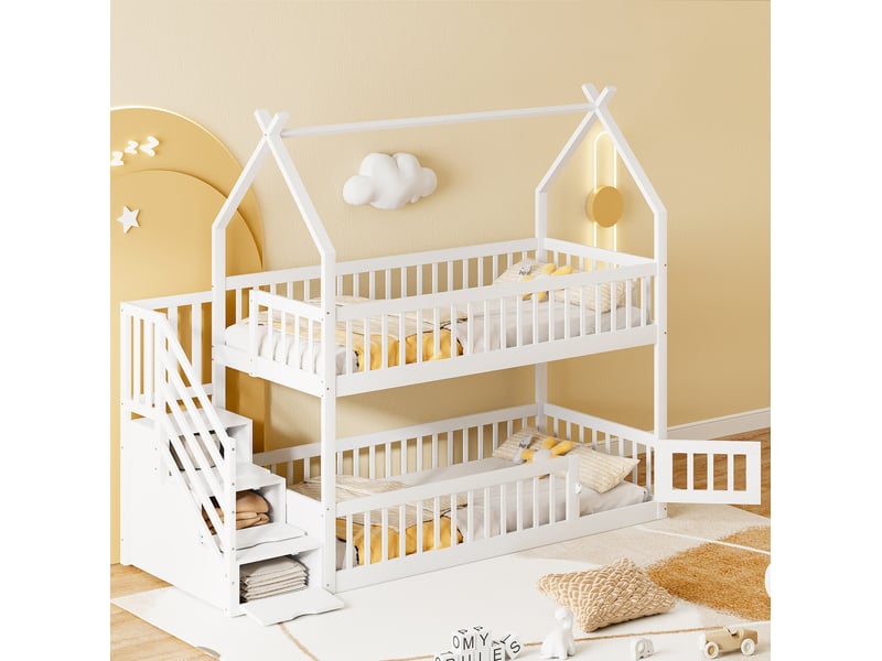 Lit superposé enfant 90x200 cm en bois, toit, escalier et tiroirs, blanc - Conforama B