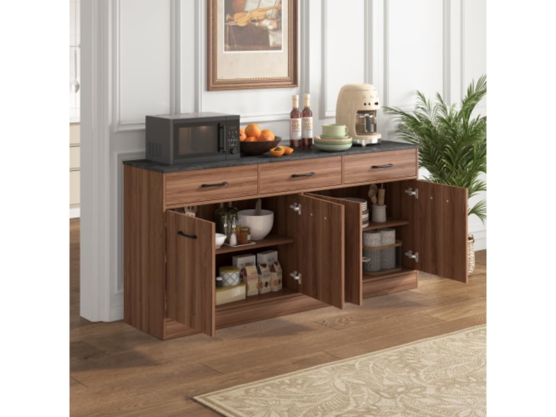  Buffet de cuisine avec îlot 160 cm – plan béton, fini noyer, 3 tiroirs et étagères réglables – meuble cuisine tendance 76,5x160x37 cm  - Conforama D