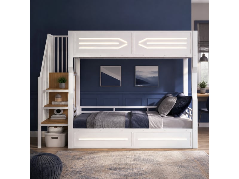  Lit en métal 90 × 200 cm avec rangement intégré, petite marche style armoire, éclairage led, barrières de sécurité hautes, lit superposé pour jeunes, coloris blanc ORFRLDB00544AAK - Conforama C