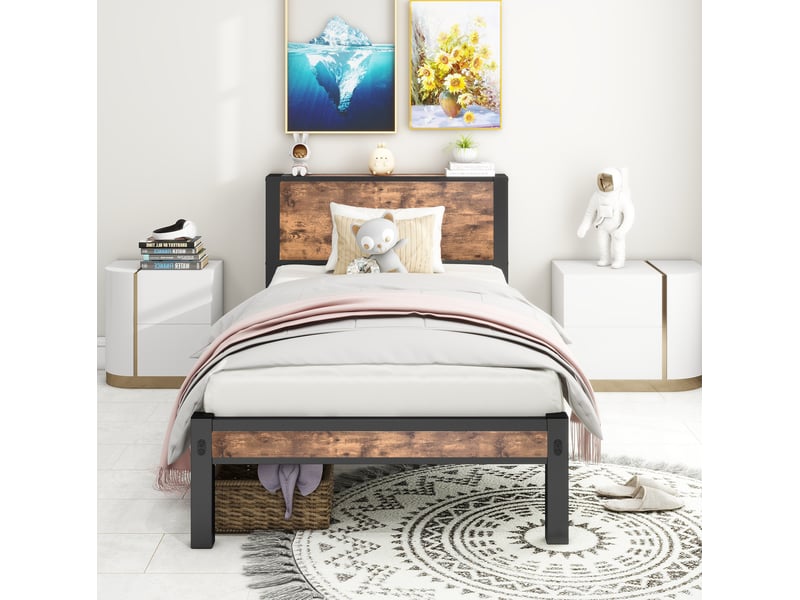  Cadre de lit simple 90x200 cm métal avec tête de lit rangement vintage brun ORFRW3372P314422 - Conforama A