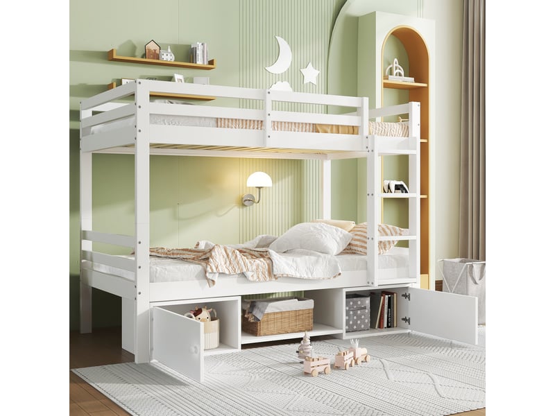 Lit superposé 90x200 cm, structure en bois, coloris blanc, rangements intégrés, séparable en 2 lits, conception fonctionnelle, cadre fonctionnel - Conforama D