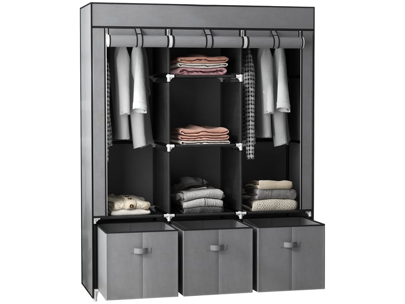  Armoire pliante en tissu avec tiroirs et portes enroulables zippées, 125 x 43 x 162,5 cm, gris foncé  - Conforama A
