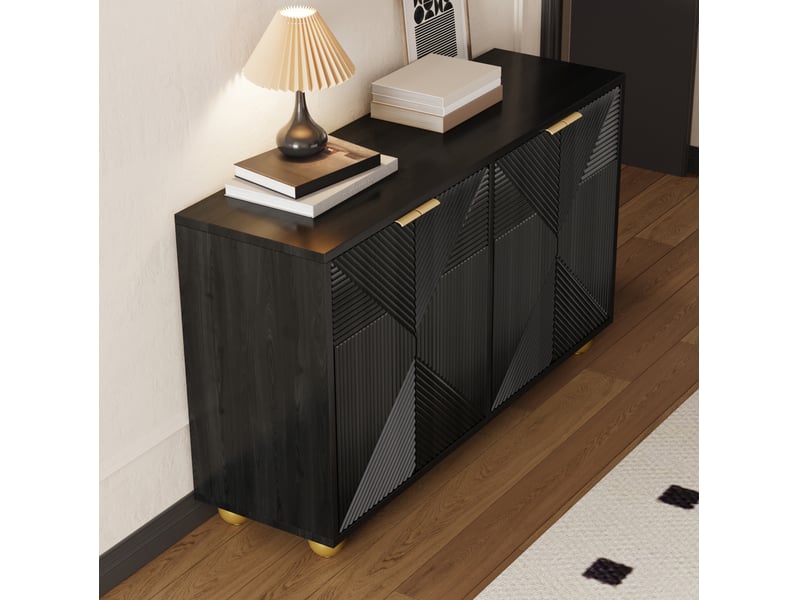  Buffet 120x35x71,5 cm, 4 portes, pieds boule, poignées en métal, style rétro, rangement cuisine et salon, mdf, noir  - Conforama E
