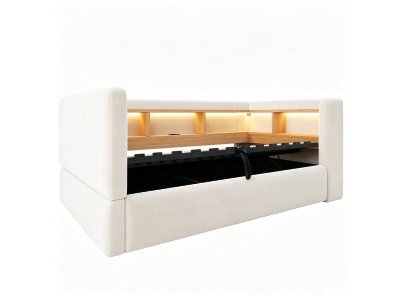  Lit coffre 90x190cm - lit simple 90x190 avec tête de lit étagère, led, prises usb - beige  - Conforama A
