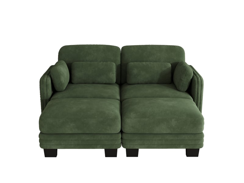  Canapé droit modulable 2 places avec 2 ottomanes 176x143x88 cm en chenille vert  - Conforama E