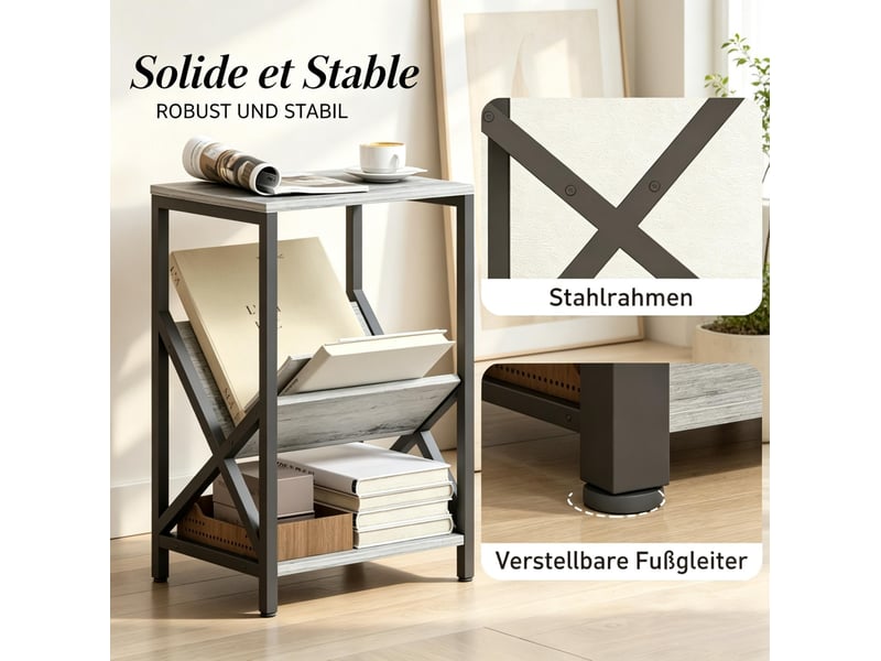  Table d'appoint étroite gris foncé en panneau de particules et acier, avec porte-revues en v et 3 niveaux de rangement  - Conforama D