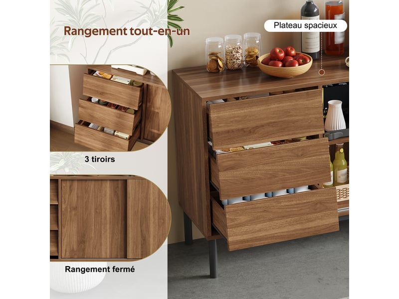 Buffet de cuisine avec 3 tiroirs et 2 portes coulissantes pour cuisine et salle à manger en mdf 150×40×80 cm naturel - Conforama E