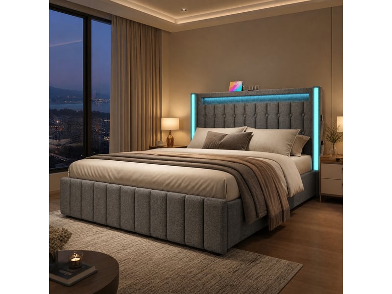  Lit double 160x200 avec 4 tiroirs, led et charge usbtype-c gris cravdom  - Conforama B