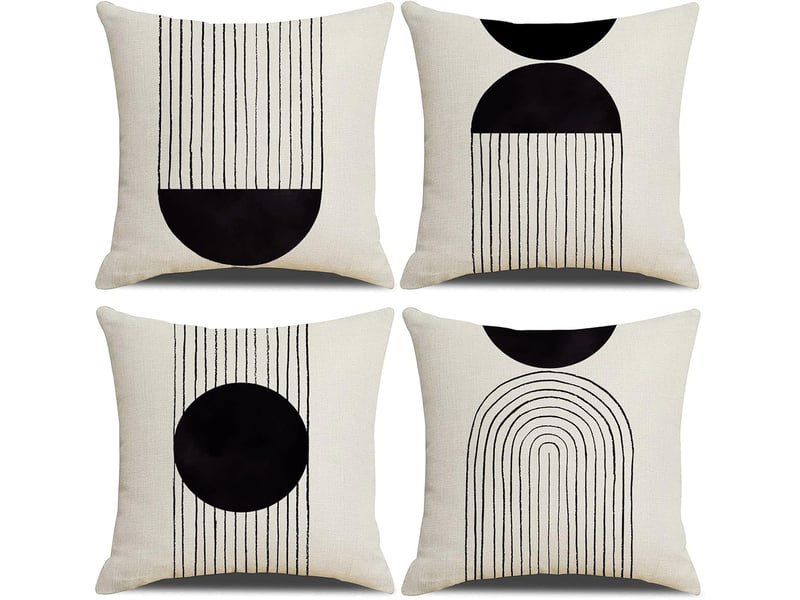  Lot de 4 housses de coussin décoratives de style bohème en coton et lin avec fermeture éclair, motif arche et soleil, 45 x 45 cm, noir et blanc  - Conforama A