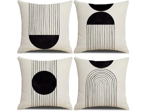 Lot de 4 housses de coussin décoratives de style bohème en coton et lin avec fermeture éclair, motif arche et soleil, 45 x 45 cm, noir et blanc