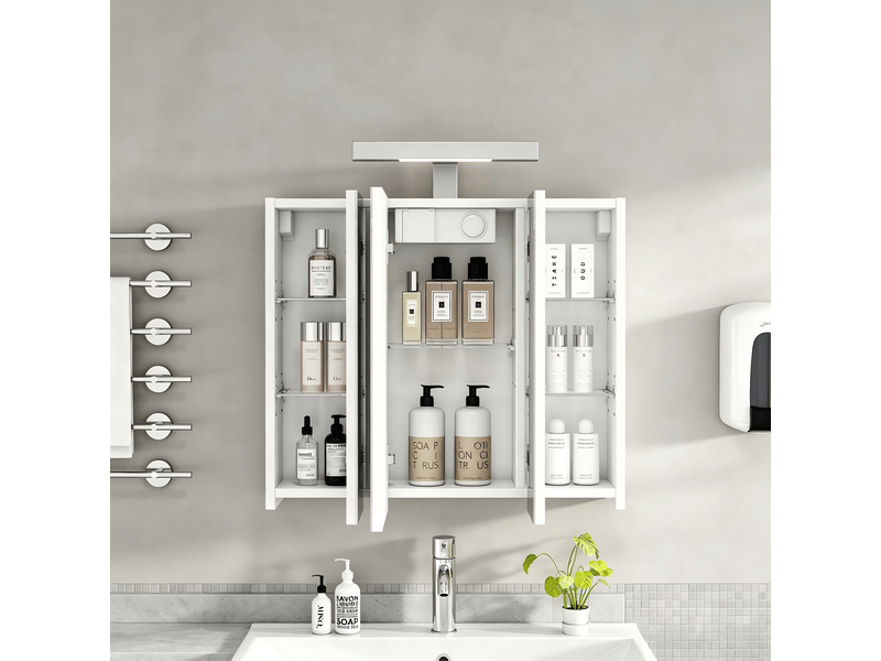 Meuble miroir salle de bain led 60 cm, 3 portes, prise, étagères réglables, blanc  - Conforama B