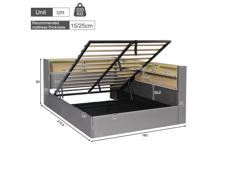  Lit avec rangement 140 x 190 cm gris en velours avec led, usb et type-c  - Conforama D