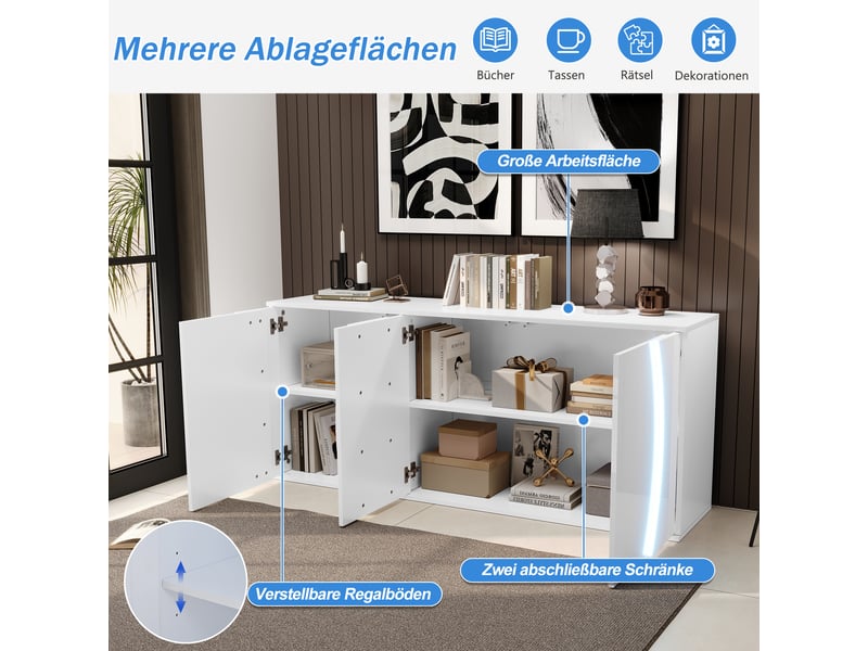 Buffet brillant de salon à trois portes 150 x 40 x 70 cm avec éclairage led meubles de rangement design moderne blanc BUBBLY - Conforama D