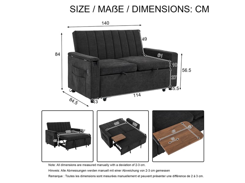 Canapé convertible 2 places 140x84.5x84 cm - canapé-lit extensible - usb et type-c - chenille - beige CozyNest - Conforama C