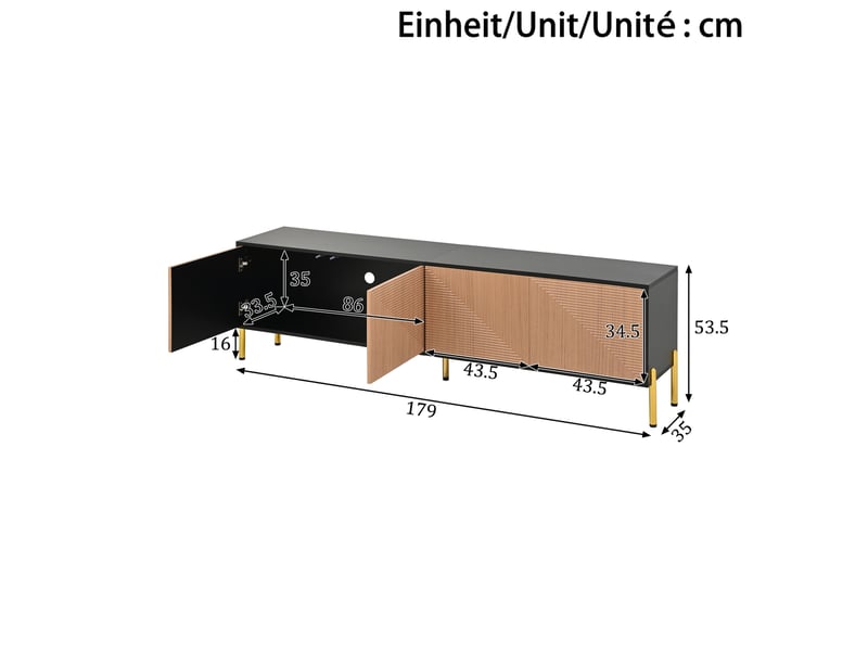  Meuble tv modenvie 179 x 35 x 53,5 cm à 4 portes en panneaux de particules noir et naturel  - Conforama C