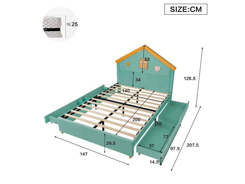  Lit enfant 140 × 200 cm 1 place avec 4 tiroirs et tête de lit maison, sans matelas, en velours bleu canard  - Conforama D