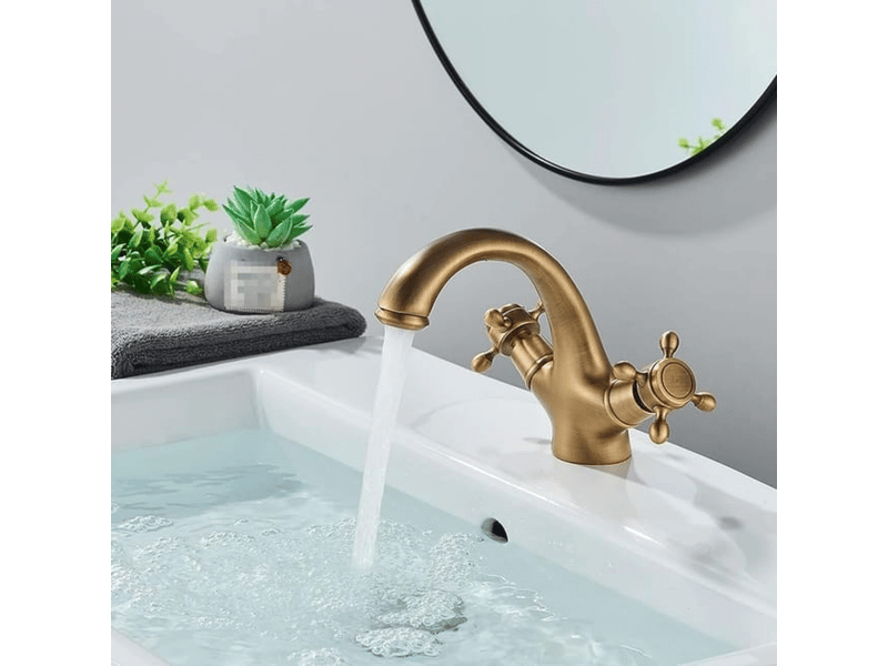  Robinet de lavabo vintage en laiton massif à double poignée, style rétro classique, eau chaude et froide, bronze antique  - Conforama D