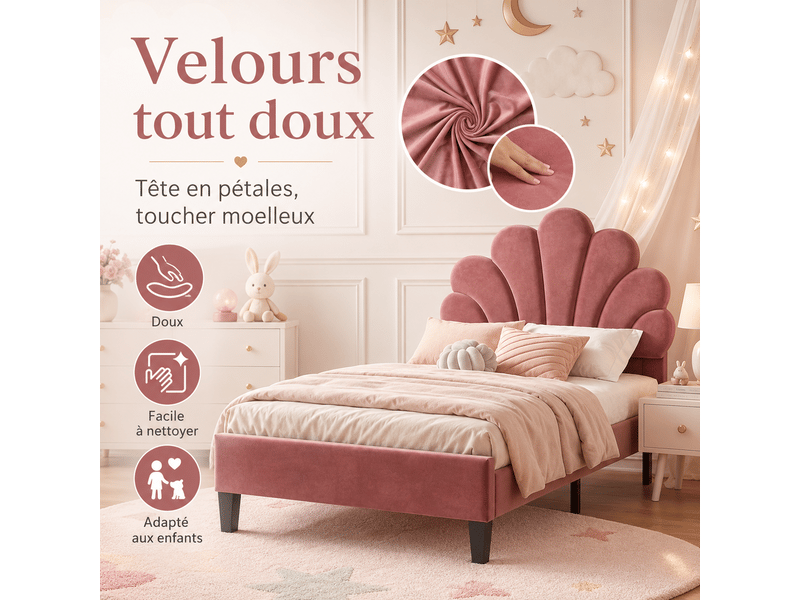 Lit simple enfant 90x200 avec sommier à lattes en bois - lit fille avec tête de lit réglable en forme de fleur - velours doux, rouge - Conforama E