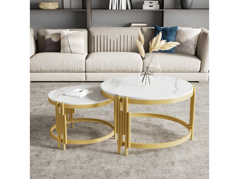  Tables basses gigognes rondes avec plateau aspect marbre cadre en métal doré style contemporain pour salon en mdf blanc  - Conforama E