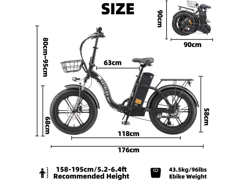 Vélo électrique pliable fat bike keteles kf9, 20 x 4.0, 48v 35ah, noir - Conforama D