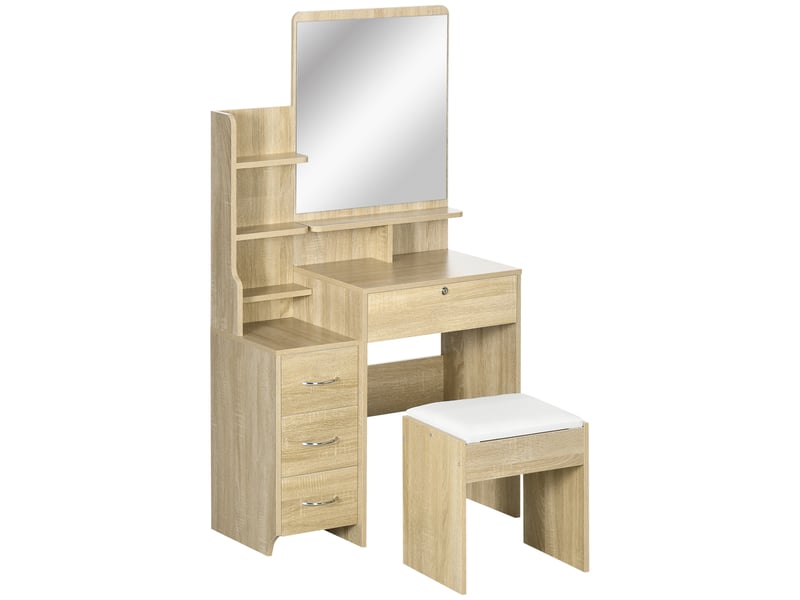 Ensemble de coiffeuse table de maquillage avec tabouret rembourré grand miroir + plusieurs étagères ouvertes + 4 tiroirs bois naturel  - Conforama A