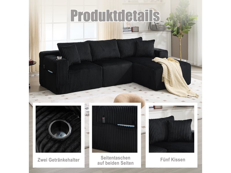 Canapé modulable, canapé 2 places – en velours tricoté, mousse haute densité, porte-gobelets, avec méridienne, coussins inclus, poches latérales - Conforama E