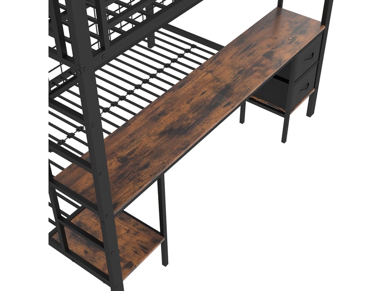  Lit mezzanine lit double 140x200 cm en métal avec bureau, tiroirs, étagères, led et usb, sans matelas, noir  - Conforama E