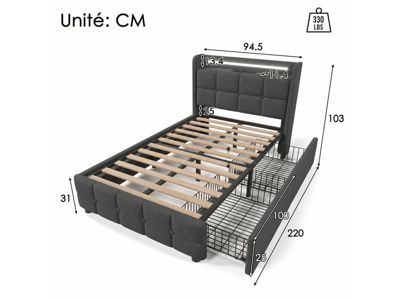  Lit avec tiroirs, lit simple en lin gris avec 2 tiroirs, 2 prises, 2 ports usb et led, 90x200 cm, sans matelas  - Conforama D
