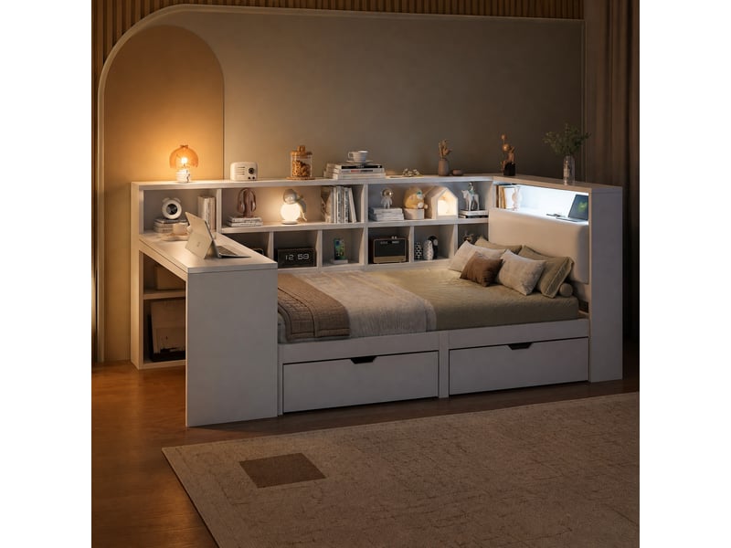 Lit 90x200 cm en l avec bureau, étagères, tiroirs et led blanc - Conforama B