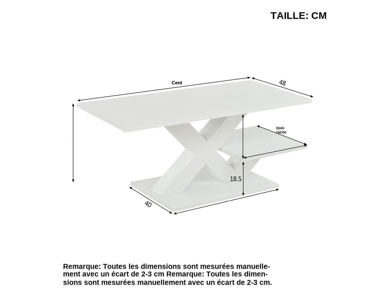  Table basse 100x48x45 cm blanc brillant mdf double plateau pieds en x pour salon  - Conforama E