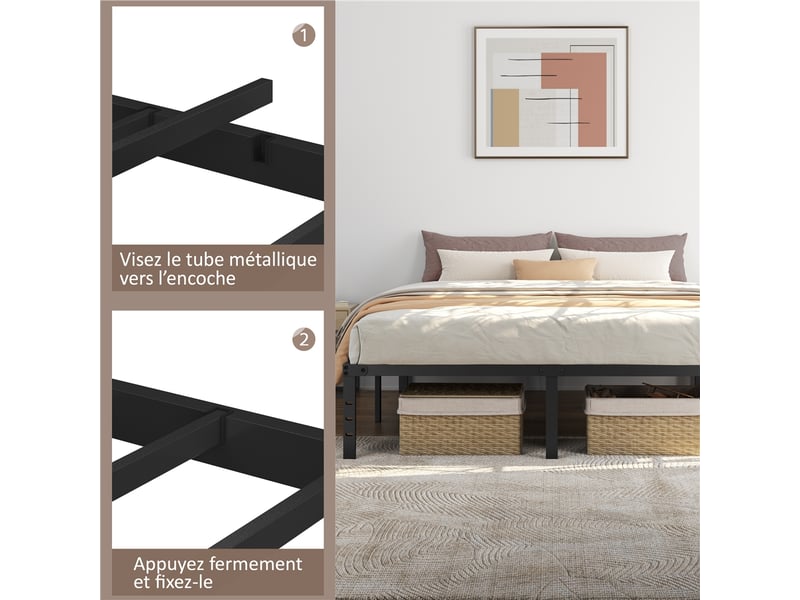  Cadre de lit métallique sans tête de lit 180x200 cm,support à lattes et espace rangement inférieur 615072 Black(180*200cm) - Conforama E