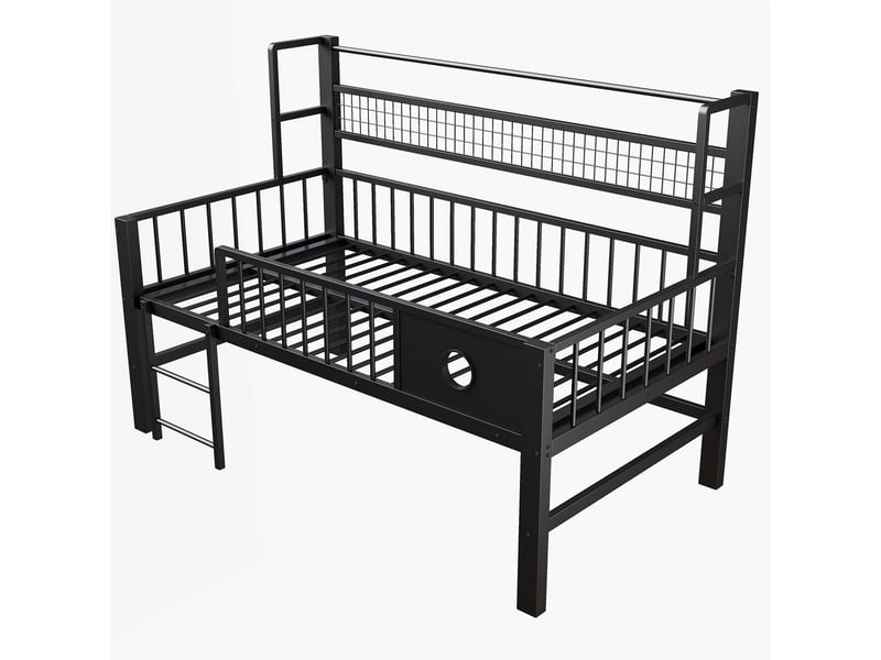  Lit mezzanine enfant 90x200cm bas avec tringle et étagère - lit enfant - cadre métal robuste, gain de place, noir  - Conforama D