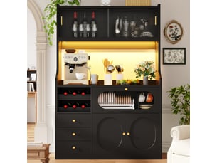 Buffet de cuisine 120x40x180 cm - 5 portes, 3 tiroirs, rangement à vin, plan de travail et éclairage led - noir